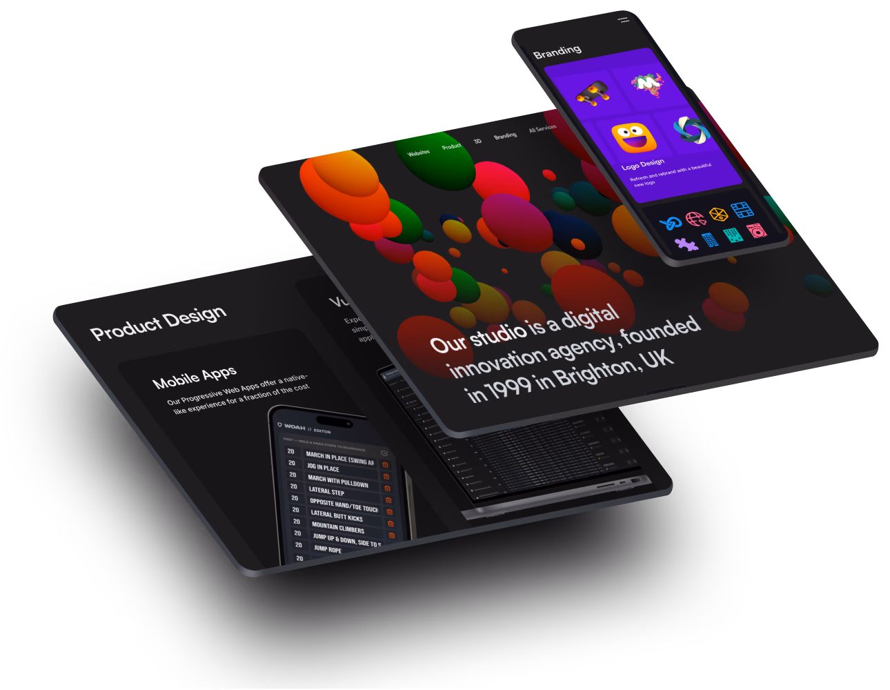 Screens showing phone, tablet and desktop views of our website